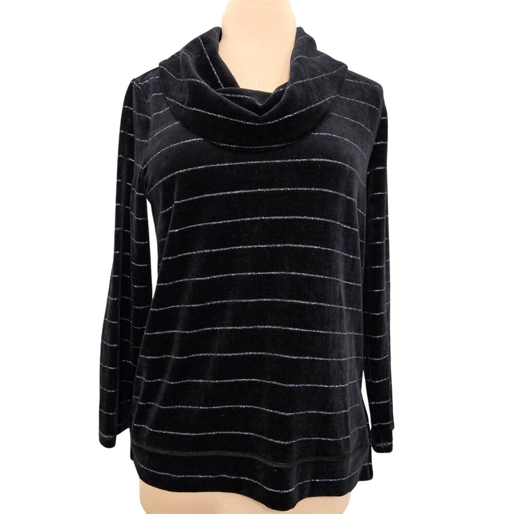 Talbots Black Crushed Velvet Cowl neck Long Sleeve Tunic Top Size Medium Petite